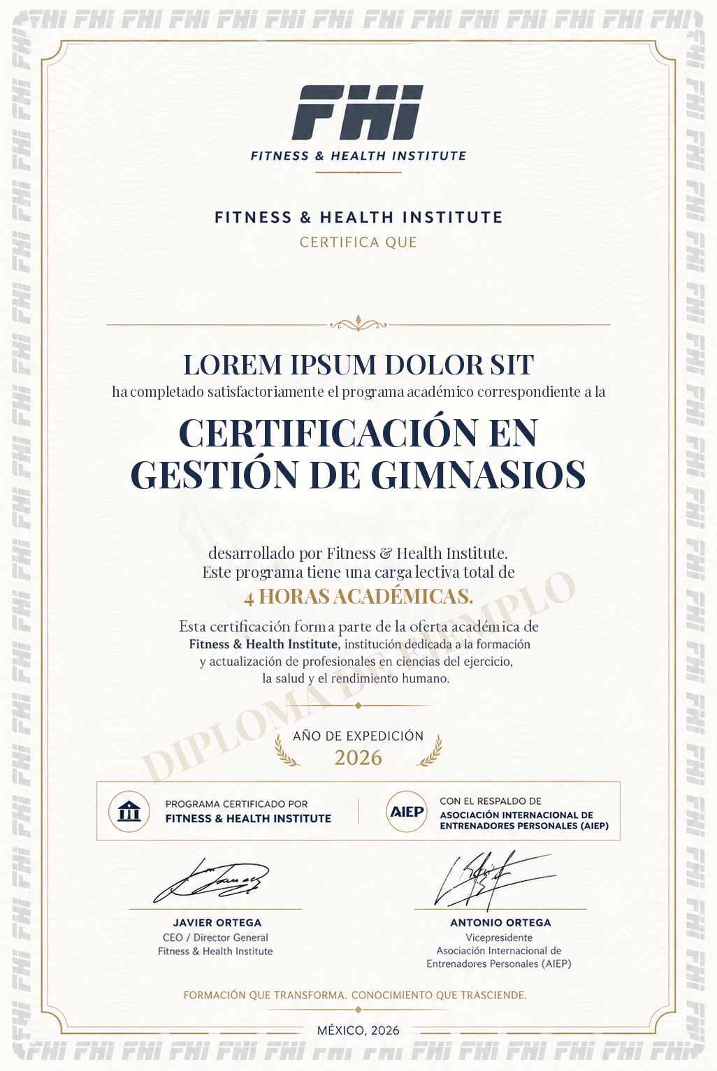 Ejemplo del diploma FHI en Gestión de Gimnasios, con respaldo AIEP